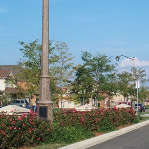 A K601D Coach fixture accompanied by a Coach Lantern style arm on top of an Alexander pole.