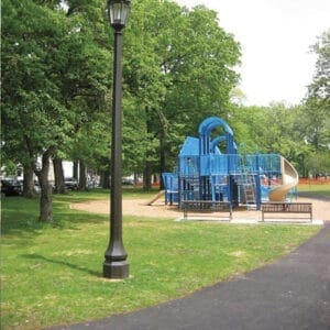A K56 Cleveland fixture atop a Belmont pole.