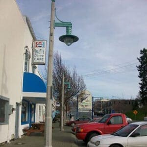 K206 Marina - Classic A K206 fixture accompanied by a Marina style arm on a Classic pole.