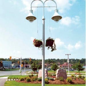 K210 Midland Marina fixtures accompanied by flowerpot holders and Bishop Crook style arms all on a square non-tapered pole.