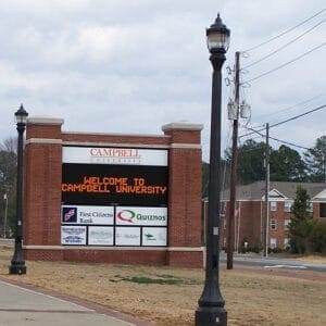 A K445 Sol-Lux fixture atop a Talisman poles. Project is at Campbell University..