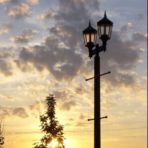 K56 Cleveland fixtures accompanied by banner arms on a Belmont pole.