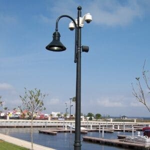 A K828 Moderne Sr. fixture accompanied by a Bishop crook style arm all on a Canterbury pole.
