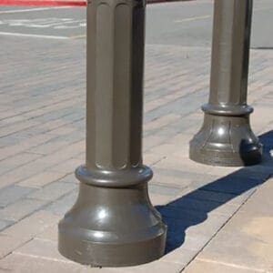 Multiple non-lit traditional style bollards finished off with one of our signature powder coat colors – Gate Gray. This project is located outside of The oaks shopping center in Thousand Oaks, California.
