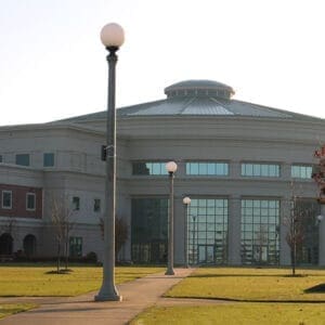 A KG Capricorn Globe atop a Sheridan pole. This project is outside of Shelton State Community College located in Tuscaloosa, Alabama.
