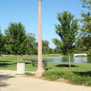 K137 Yarmouth fixtures accompanied by light bracket arms on top of a St. Louis pole.