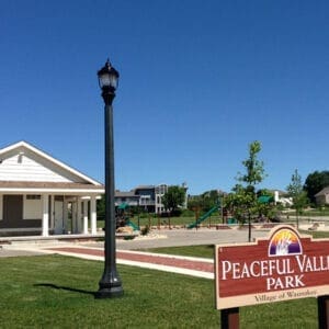 A K445 Sol-Lux fixture atop a Talisman pole. This project is at Peaceful Valley Park located in Waunakee, Wisconsin.
