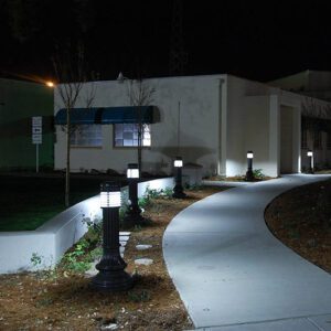 Multiple lit Washington style bollards finished with our signature black powder coat color.