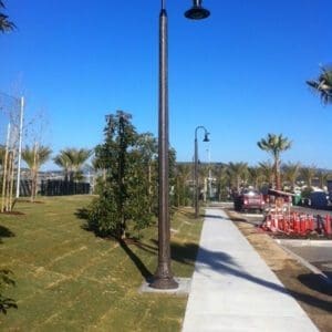 A K823 Falconridge Sr. fixture accompanied by a Bishop Crook style arm on a Washington pole.