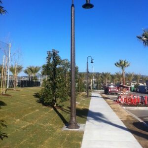 A K823 Falconridge Sr. fixture accompanied by a Bishop Crook style arm on a Washington pole.