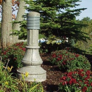 Washington Bollard - Concrete A lit Washington style bollard finished with one of our signature concrete décor colors - Pearl Gray.