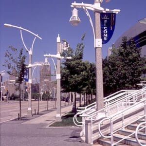 A K833 Solitaire fixture accompanied by a Windsor style arm and banner arms on top of a Windsor pole. This project is just outside of Windsor Casino located in Windsor, Ontario.