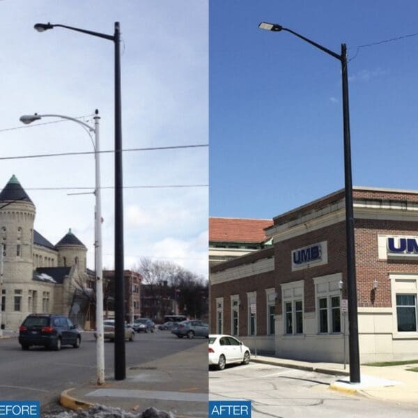 Before and after photos of the upgraded street light poles in Atchison, Kansas.