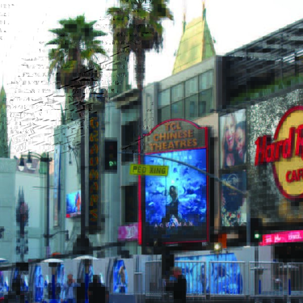 One of many K803 Solitaire Sr. or K703 Solitaire Jr. fixtures installed on the busy street of Hollywood Blvd, located in Los Angeles, California.