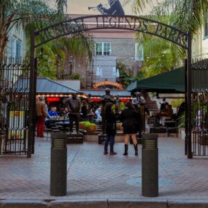 Multiple lit Garrison style bollards finished with one of our signature concrete décor colors - Midnight Lace. This project is in front of Musical Legends Park located in New Orleans.
