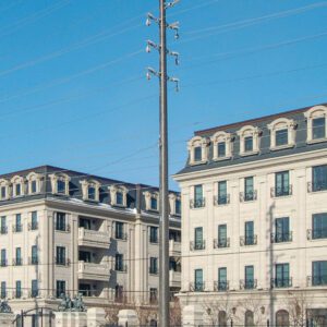 Colored spun concrete poles in a "road crossing" application. This project is located on the side of Highway 7 Boulevard in Markham, Ontario (York Region).