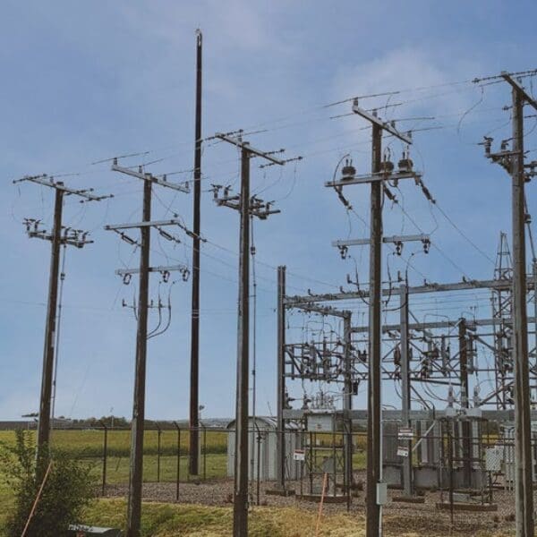 Multiple spun concrete utility poles installed in the city of Keosauqua, Iowa.