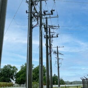 Multiple spun concrete utility poles installed in the city of Keosauqua, Iowa.