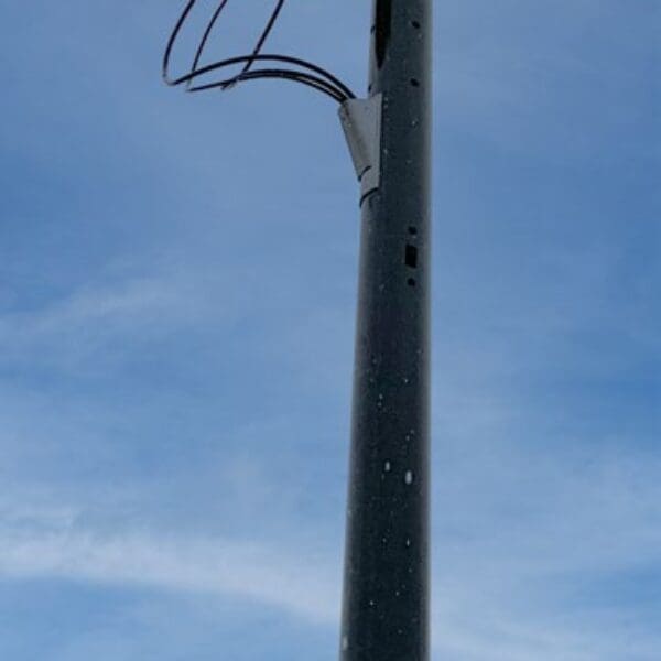 One of many spun concrete utility poles installed in the city of Keosauqua, Iowa.