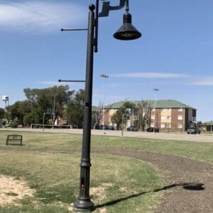 A K208 Moderne fixture accompanied by a KA15 Bishop's Crook arm all on top of a Canterbury pole. This project is located at Oklahoma Panhandle State University in Goodwell, Oklahoma.