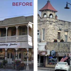 K807 Doral Sr. and K707 Doral Jr. pendants accompanied by a KA30 scroll arm with decorative scroll, two KA40 mini scroll arms with decorative scrolls, and banner arms atop a Washington style pole. This image highlights the before and after results in Fredericksburg, Texas.