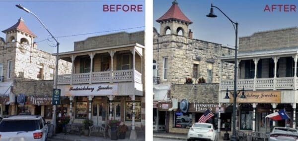 K807 Doral Sr. and K707 Doral Jr. pendants accompanied by a KA30 scroll arm with decorative scroll, two KA40 mini scroll arms with decorative scrolls, and banner arms atop a Washington style pole. This image highlights the before and after results in Fredericksburg, Texas.
