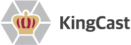 Logo for King Cast. Logo illustrates a crown using gray, gold, and red with the words 'King Cast' in a dark gray.