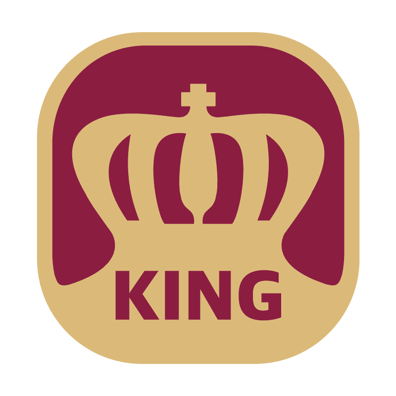Logo for King Luminaire. Logo illustrates a crown and the word 'King' using both gold and red.