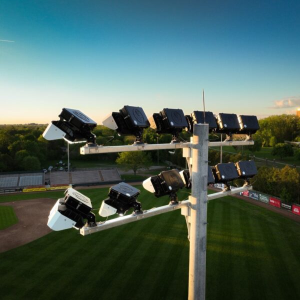 Multiple KSL1 STRATOS fixtures atop a spun concrete pole. This project is in Labatt Memorial Park in London, Ontario.