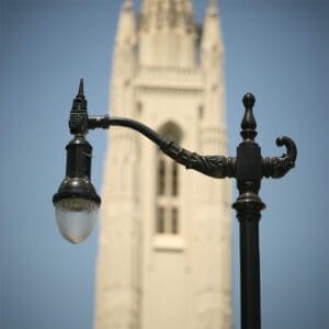 A K703 Solitaire Jr. fixture accompanied by a KA72 Atlantic arm. This project is in front of a cathedral.