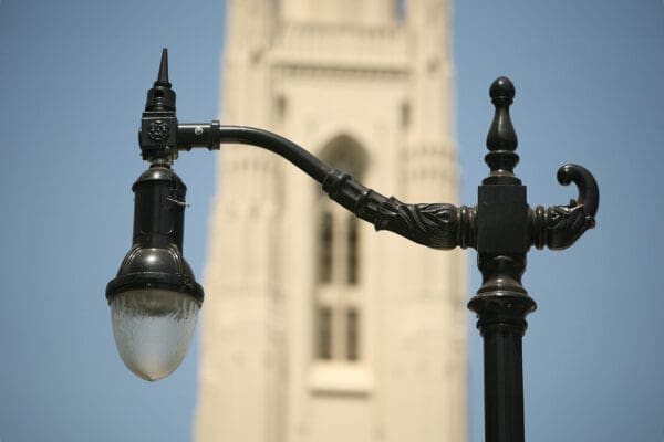 A K703 Solitaire Jr. fixture accompanied by a KA72 Atlantic arm. This project is in front of a cathedral.