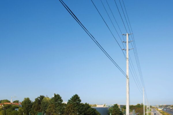 Spun concrete utility poles with a 'road crossing' application.