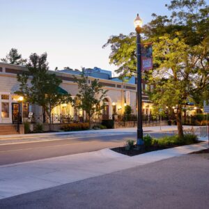 A K423 Allen fixture accompanied by banner arms atop of a Memphis pole. This project is in Jordan, Ontario.