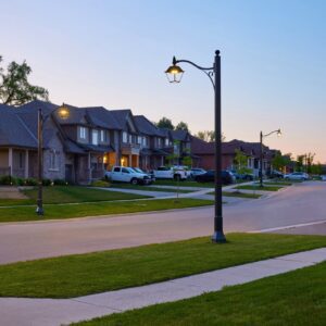 A K601D Coach Lantern fixture accompanied by a KA30 Scroll Arm with Decorative Scroll atop a Memphis pole. This project is in a neighborhood located in Smithville, Ontario.