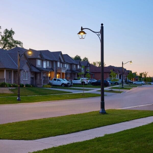 A K601D Coach Lantern fixture accompanied by a KA30 Scroll Arm with Decorative Scroll atop a Memphis pole. This project is in a neighborhood located in Smithville, Ontario.