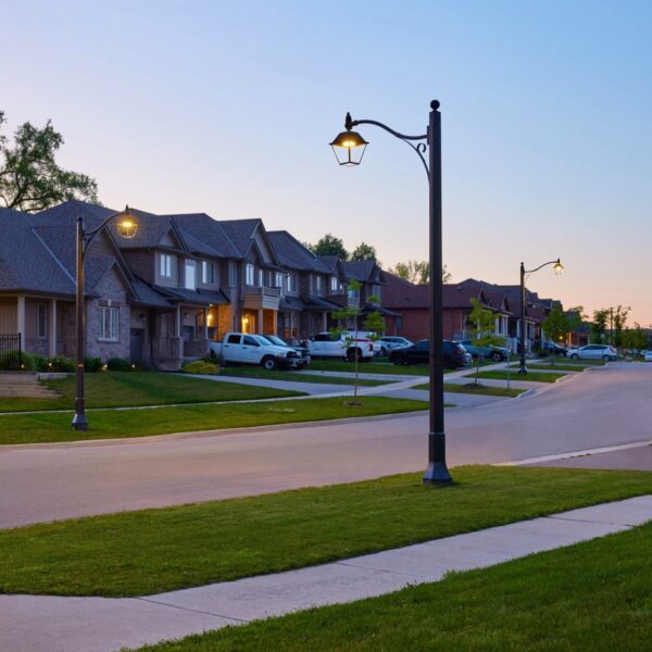 A K601D Coach Lantern fixture accompanied by a KA30 Scroll Arm with Decorative Scroll atop a Memphis pole. This project is in a neighborhood located in Smithville, Ontario.