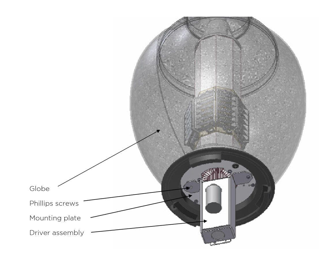 K118 Washington - Driver Assembly An illustration of a K118 Washington and Driver Assembly. This illustration details parts of a fixture including the globe, mounting plate, and driver assembly.