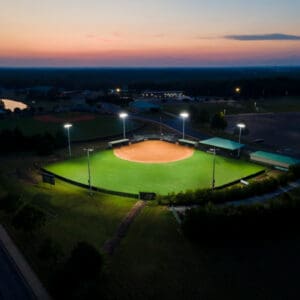 Multiple KSL1 STRATOS fixtures atop of many spun concrete poles. This project is located at Shelton State Community College in Tuscaloosa, Alabama.