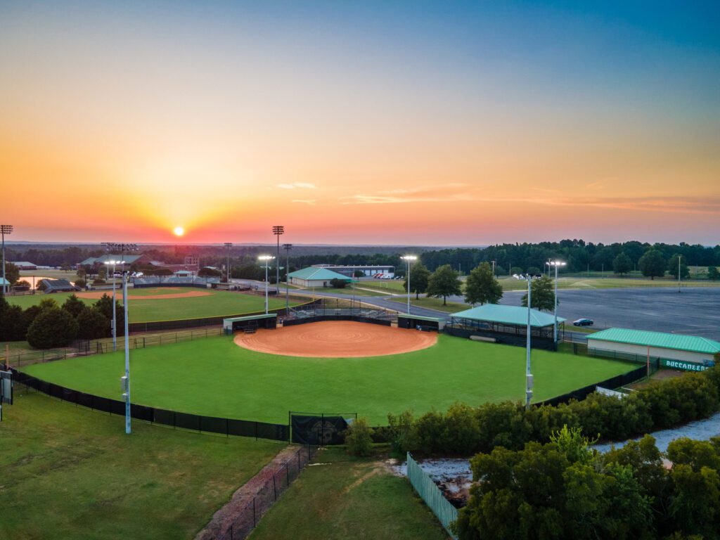 Multiple KSL1 STRATOS fixtures atop of many sports lighting poles. This project is located at Shelton State Community College in Tuscaloosa, Alabama.