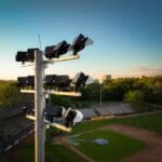 Multiple KSL1 STRATOS fixtures atop a spun concrete pole. This project is in Labatt Memorial Park in London, Ontario.