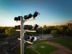 Multiple KSL1 STRATOS fixtures atop a spun concrete pole. This project is in Labatt Memorial Park in London, Ontario.