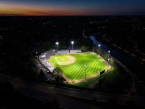 Multiple KSL1 STRATOS fixtures atop of many spun concrete poles. This project is in Labatt Memorial Park in London, Ontario.