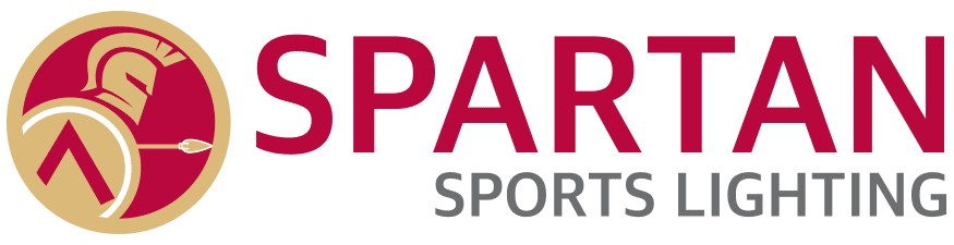 Spartan Sports Lighting's logo that features a Spartan warrior and the words 'Spartan Sports Lighting'. Logo colors include gold, red, white, and gray.