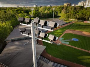 Multiple KSL1 STRATOS fixtures atop a spun concrete pole. This project is in Labatt Memorial Park in London, Ontario.