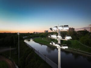 Multiple KSL1 STRATOS fixtures atop a spun concrete pole. This project is in Labatt Memorial Park in London, Ontario.