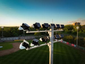 Multiple KSL1 STRATOS fixtures atop a spun concrete pole. This project is in Labatt Memorial Park in London, Ontario.
