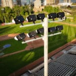 Multiple KSL1 STRATOS fixtures atop a spun concrete pole. This project is in Labatt Memorial Park in London, Ontario.