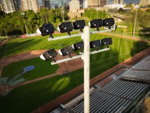 Multiple KSL1 STRATOS fixtures atop a spun concrete pole. This project is in Labatt Memorial Park in London, Ontario.